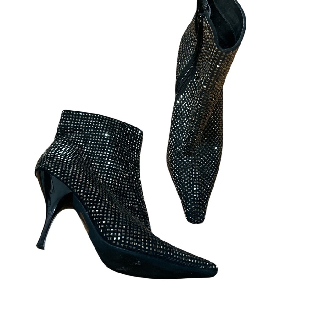 Jeffrey Campbell Embellished Ankle Boots Silver Studded Mesh Black Heels 7.5
